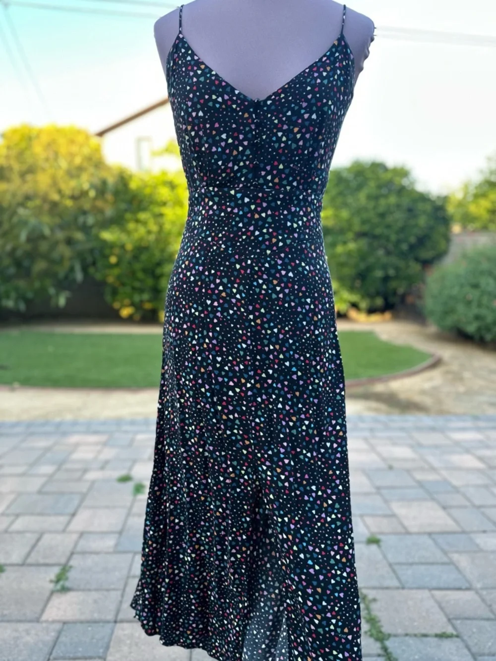 Spaghetti Strap Black Maxi Dress with Multicolor heart Print - Picture 2 of 5